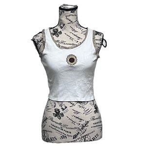 Love Peace & Lazy Days Sunflower Knit Lace Trim Crop Top Y2k Vtg Hippie XS Boho